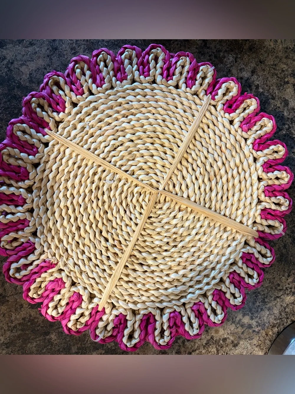 Handcrafted Round Cornhusk Placemat with Fuchsia Scalloped Border sigrid olsen